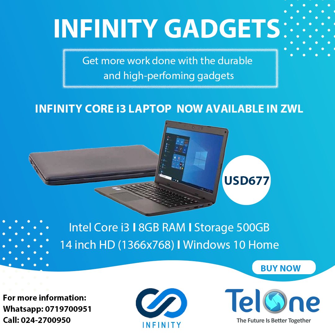 Infinity Core i3 laptops now available in ZWL!
Call your nearest TelOne Client Service Centre today and get yours.
#TelOne
#TelOneTheFutureIsBetterTogether
