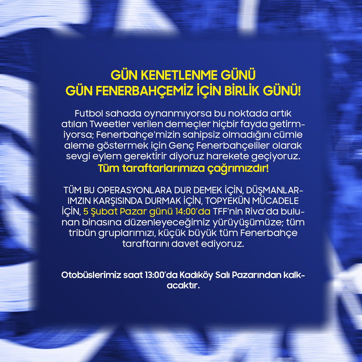habertribuncom's tweet photo. Fenerbahçe taraftarları, 5 Şubat Pazar günü saat 14:00'da TFF binasına yürüyecek. https://t.co/9AXMxdQYSw