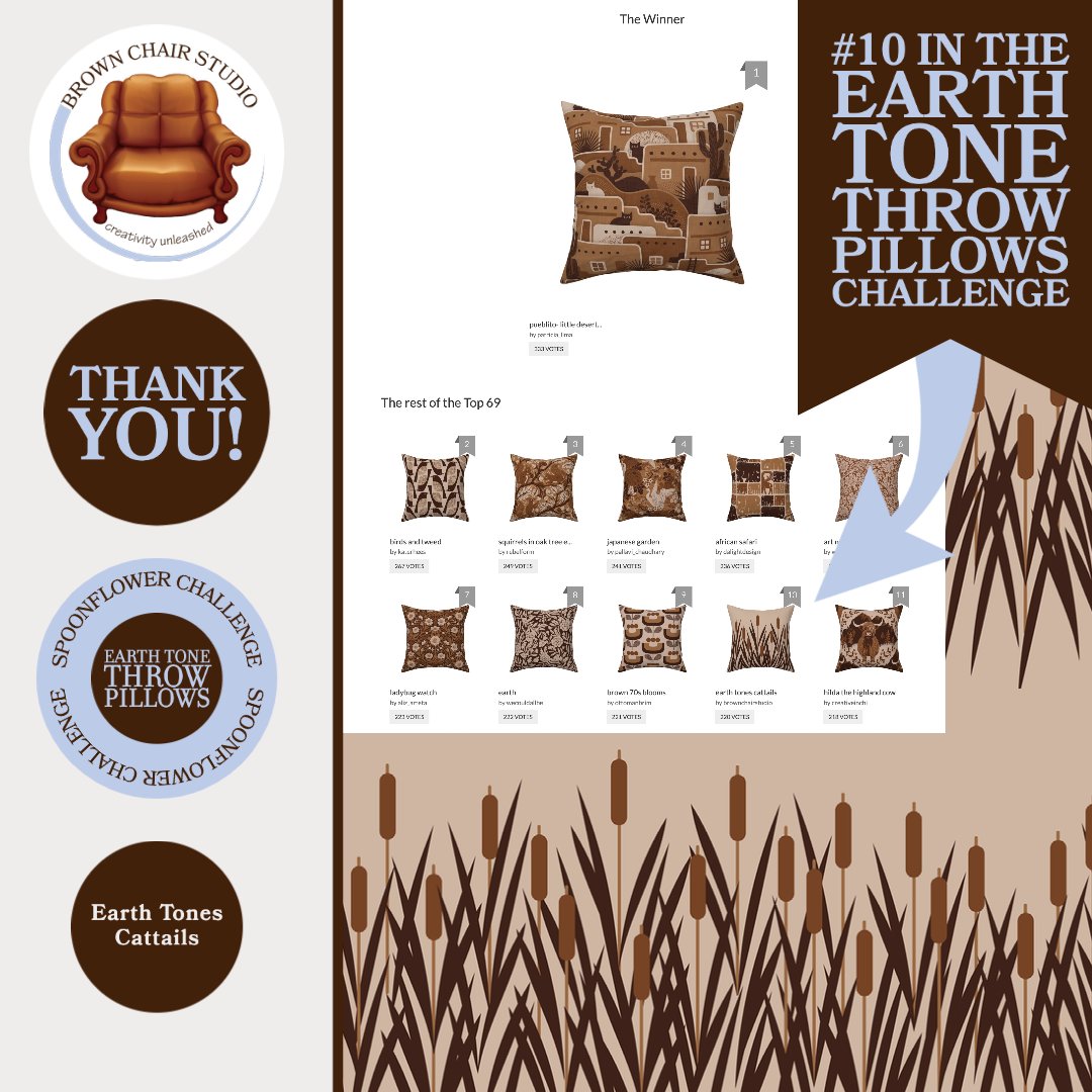 BrwnChairStudio's tweet photo. #Thankyou to everyone who voted for me. I'm beyond excited by my placement in this #challenge. There were some amazing #designs. #Thankyou to @wmccracken  &amp; my sons who take time to look at my work despite their busy schedules! #earthtones #pillows #cattails #spoonflowerartist https://t.co/KUzsfWOYeG