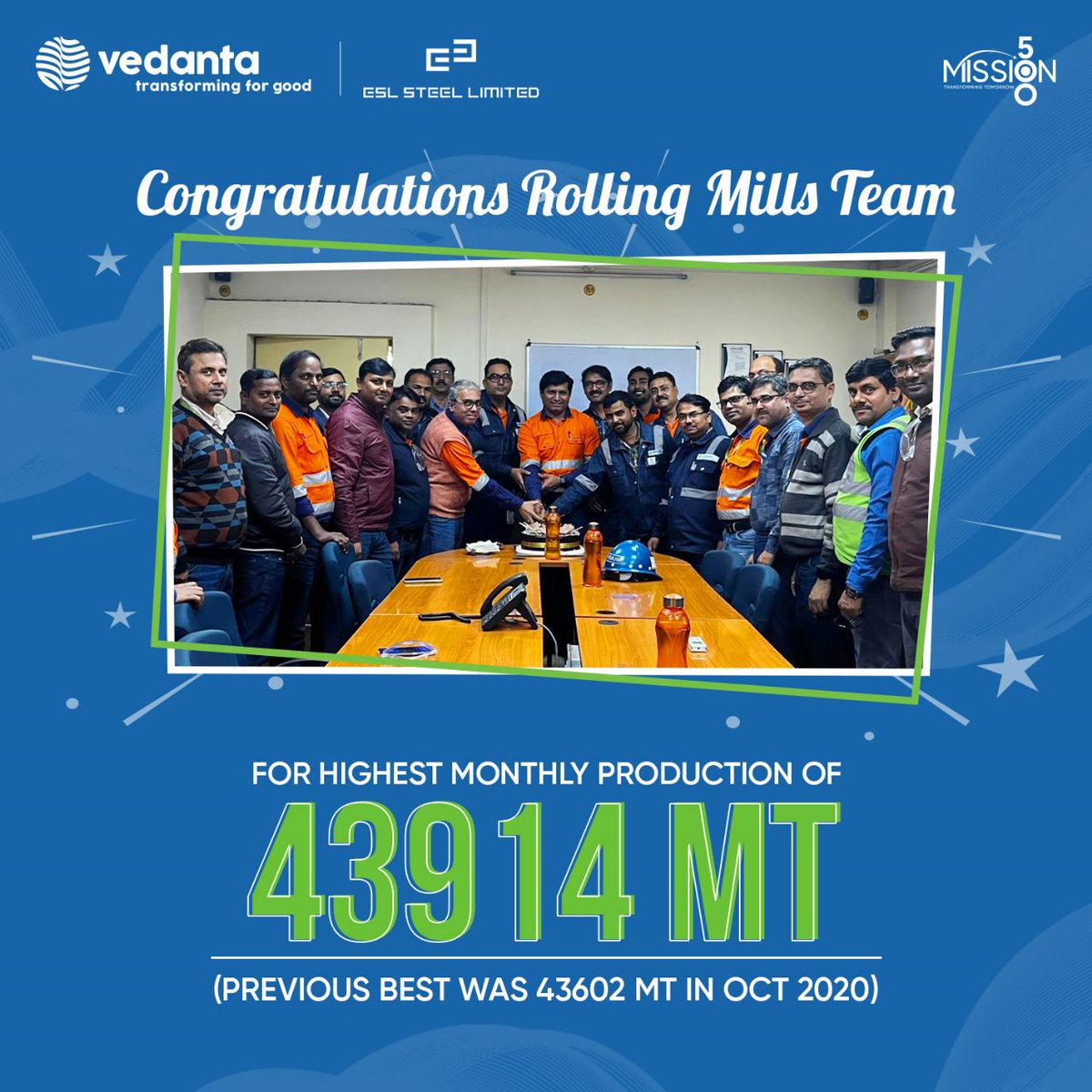 ESLSteelLimited's tweet photo. A FABULOUS JANUARY!   

Congratulations to our BF Team, Rolling Mills Team, and Sinter Team for giving a power-packed performance and creating history in the books of @ESLSteelLimited! 

#WeAtESL #TransformingForGood https://t.co/kBAFObu2JW