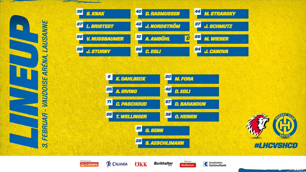 HCD_offiziell's tweet photo. 🚨 Game 4⃣2⃣🆚 @lausannehc 
Auf dem 🟡🔵- Lineup fehlen auch heute #27Nygren, #90Jung, #93Frehner, #81Prassl und #70Corvi (alle 🤕).  #31Croce und #89Russo (🚀), #88Minder und #9Hammerer (U20).
1⃣. #HCD-Spiel für #4Irving.
📲 19.44h Ticker ➡️ HCD-App
📺 @MySports_CH 4⃣
 #LHCvsHCD https://t.co/fnyGCljZgw