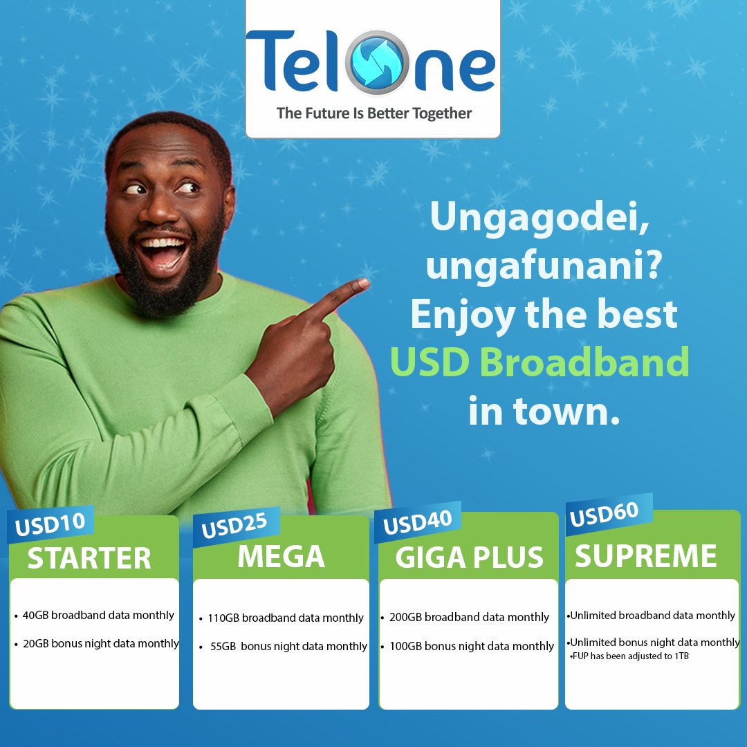 Get our awesome USD Bonus Broadband and stay connected!
Visit any TelOne Client Service Centre to purchase the package of your choice.
#TheFutureIsBetterTogether 
#TelOneBroadband
