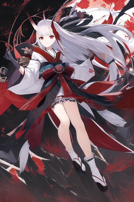 ((masterpiece)), (((best quality))), ((ultra-detailed)), ((illustration)), (1 girl), (solo), dynamic angle, {dynamic angle },red eyes,white hair,long hair,straight hair,side blunt bangs,oni,tsuno,horns,Japanese style,Japanese clothes,beautiful detailed eyes, red spider lily, 
