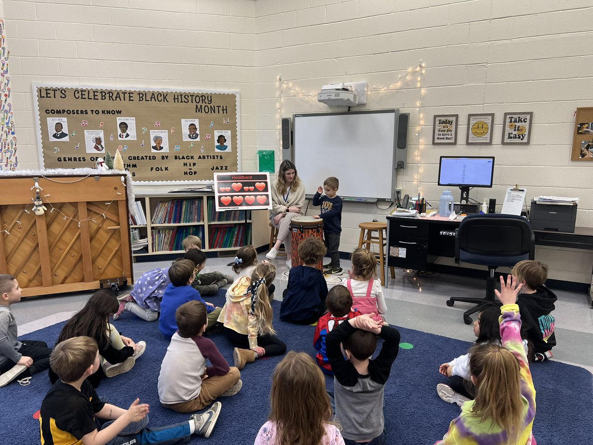 K students discovered the difference of beat and rhythm by playing “heartbeat, heartbeat” or “valentine, valentine” on the drum. Other students sat, listened &amp; and used their knowledge to say whether it was beat or rhythm. Great job KC! <a href="/TColemanHubbard/">Mrs. Tamra Coleman</a>
