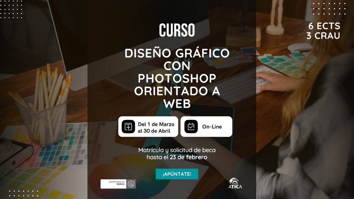 💬 Comparte!
📷 🅒🅤🅡🅢🅞 diseño gráfico con 🅟🅗🅞🅣🅞🅢🅗🅞🅟 orientado a 🅦🅔🅑. 
🟠Inscripción y +info en: casiopea.um.es/cursospe/disen…
🌐 Modalidad On-line. Este curso te introduce en la creación, digitalización y tratamiento de fotografía e imágenes con el manejo de Photoshop.