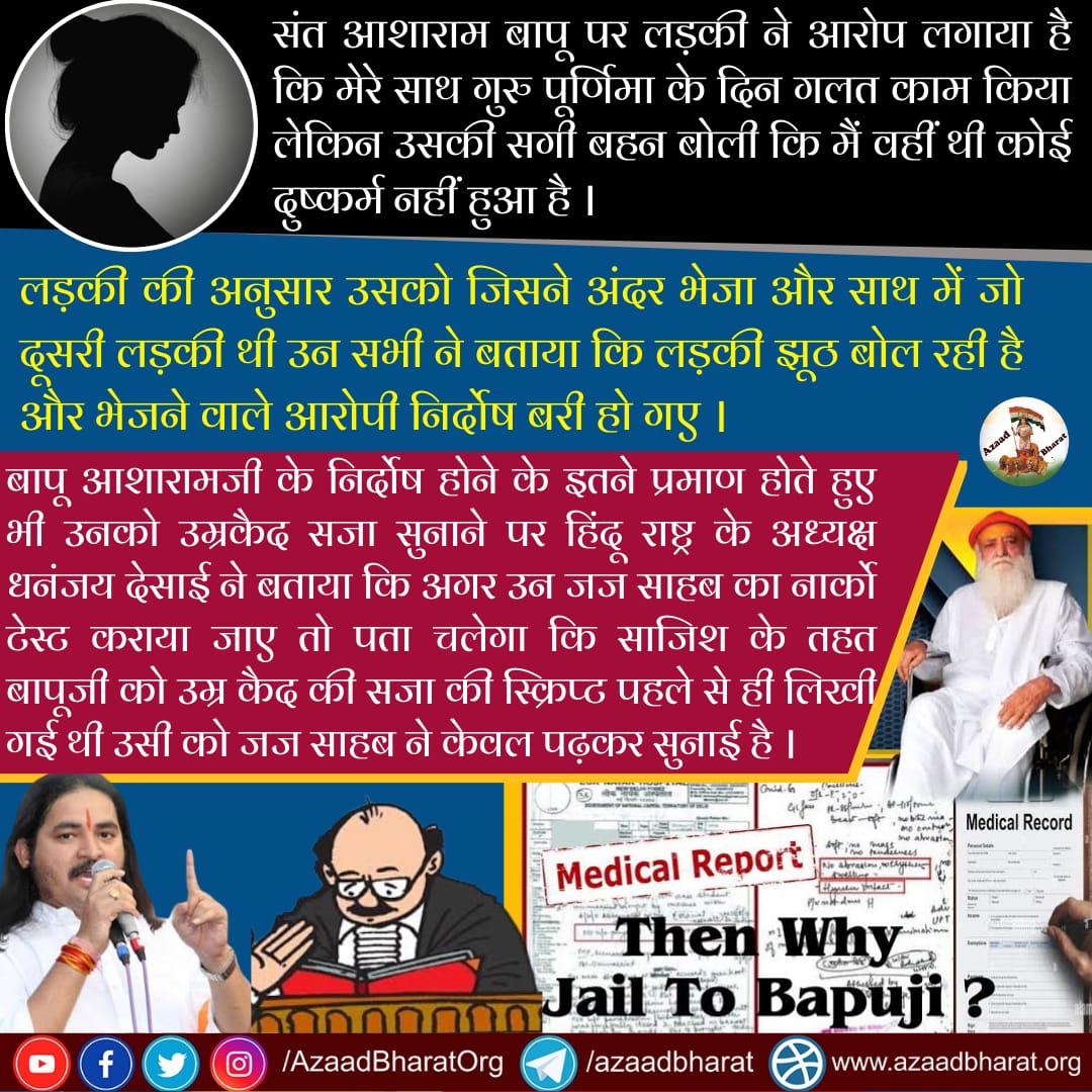 बापू आशारामजी के निर्दोषता के कई प्रमाण होते हुए भी उनको सजा सुनाने पर धनंजय देसाई ने कहा कि अगर उन जज साहब का नार्को टेस्ट कराया जाए तो पता चलेगा कि साजिश के तहत बापू को उम्र कैद की सजा की स्क्रिप्ट पहले से ही लिखी गई थी, जिसे जज ने सिर्फ पढ़कर सुनाई है।
wp.me/p9eZI3-1S3