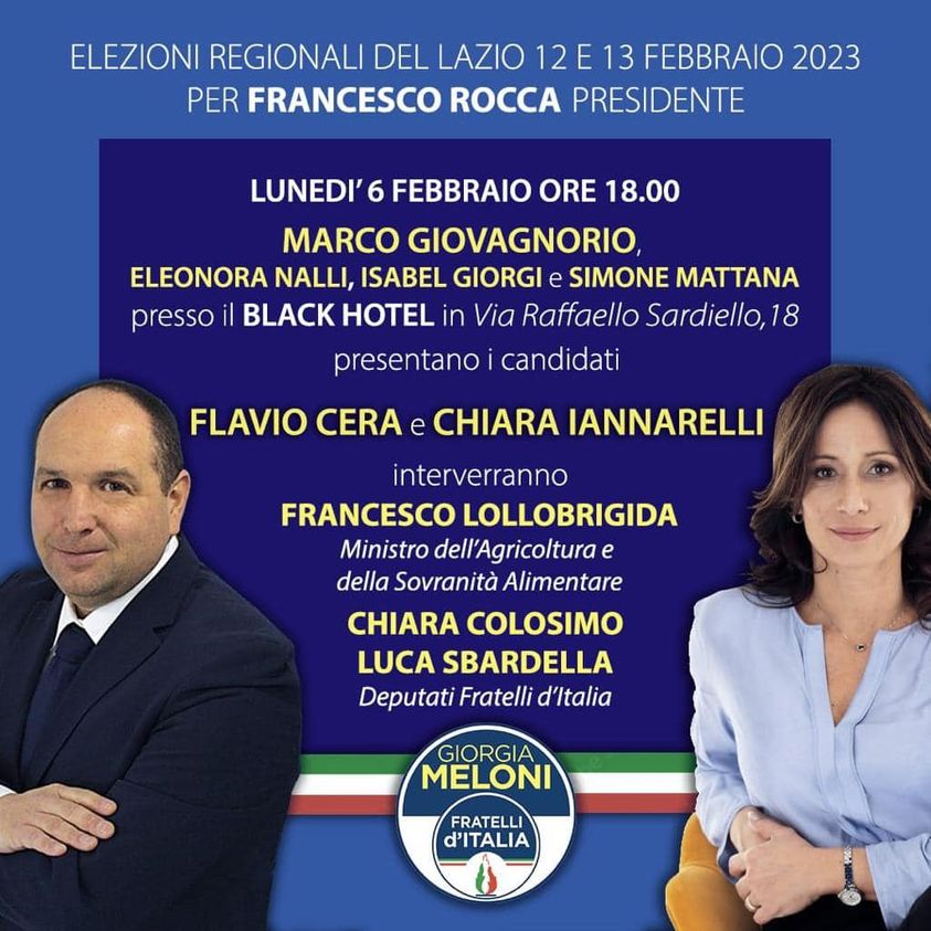 fdiromaxiii's tweet photo. Vi aspettiamo tutti al Black Hotel lunedì 6 febbraio alle ore 18 per presentare i nostri candidati Flavio Cera e Chiara Iannarelli!
Verranno numerosi ospiti, come @FrancescoLollo1, 
@ChiaraColosimo e @luca_sbardella. Manchi solo tu!
Venite numerosi!🔥🇮🇹
#FratellidItalia https://t.co/ILAhi5TKZs