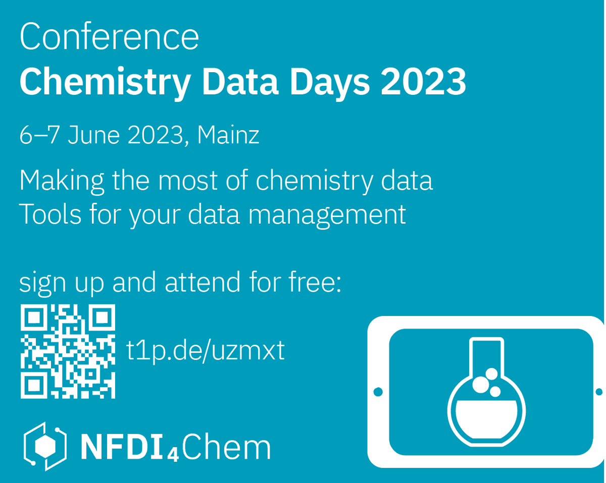 Chemistry data and data-driven research is becoming increasingly important. ⚗️ Visit our two-day #conference at the University of Mainz to share some #inspiration about #chemistry data today. nfdi4chem.de/index.php/even… @GDCh_aktuell @JungChemiker @NFDI_de #fairdata #fdm #rdm