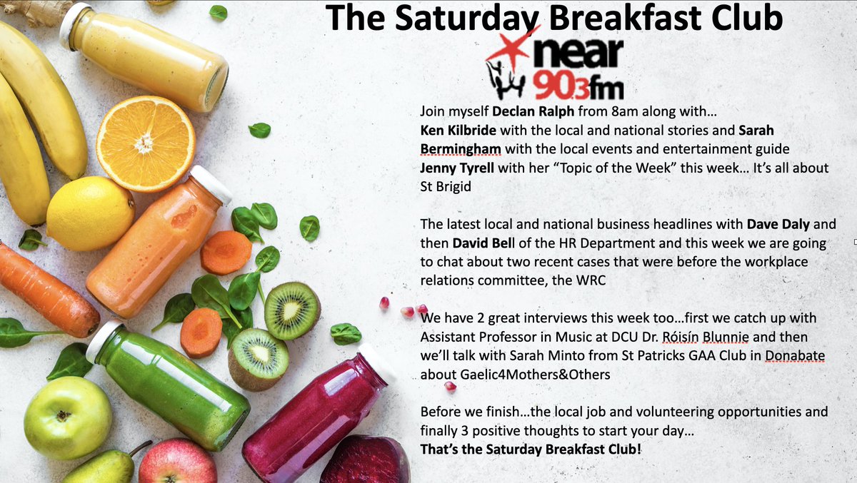 DeclanRalph's tweet photo. The Saturday Breakfast Club 8am on @nearfm Join myself and @kenkilb7 @SarahKEB @DaveDalyFM @JcJen and @theHRdepartment for local news, events and local and national business and 2 interesting interviews with Dr. Roisin Bluinnie @Music_DCU @DCU  and Sarah Minto @StPatsDonabate 👇 https://t.co/U9PEUb7TXK