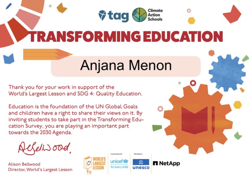 Proud to have student ideas shared in this important work to #TransformEducation! We are taking action for people and for the planet through the #SDGs! @TakeActionEdu @TheWorldsLesson #ClimateActionEdu #GlobalGoals @UNICEF @UNESCO