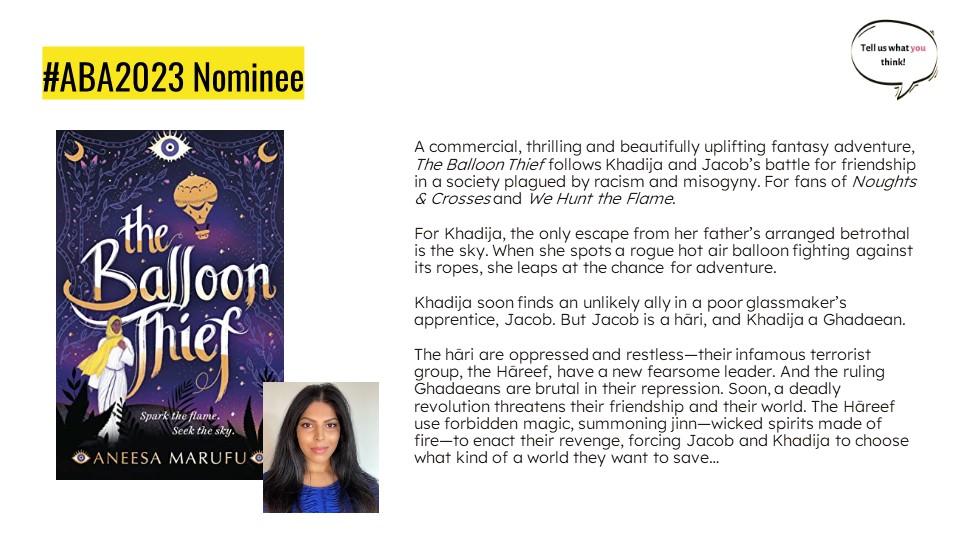 #TheBalloonThief by @AneesaMarufu's wonderful blend of fantasy and adventure, with a few djinn thrown in for good measure, has caught the eye of readers across Sussex! Congratulations on being selected for the #ABA2023 Long List!