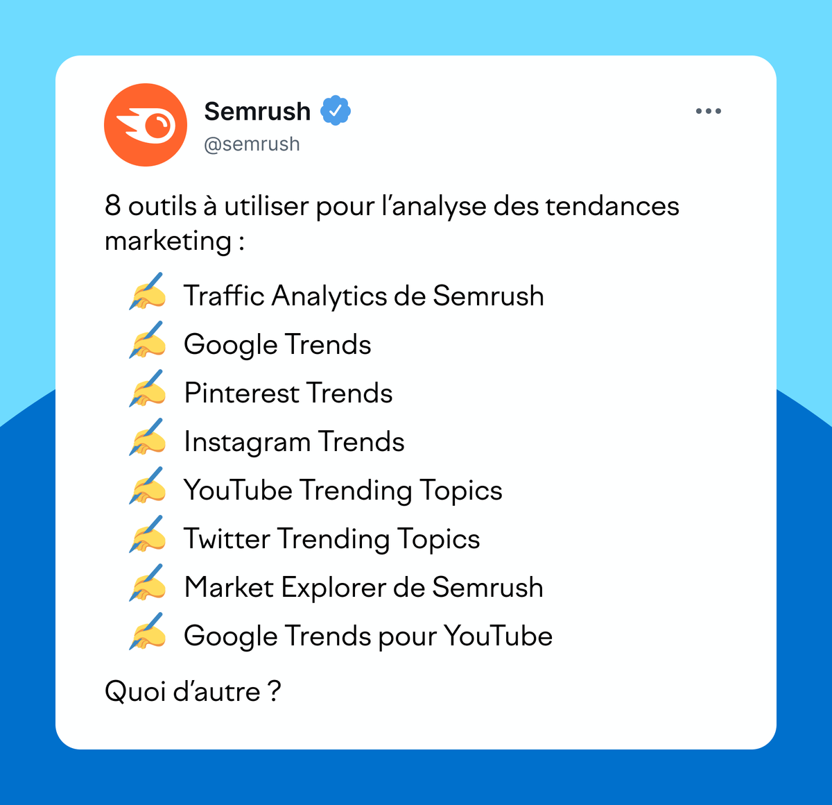 Le temps de la recherche 🔎
 
L'étude des tendances consiste à repérer les expressions, les produits et les contenus qui suscitent le plus d'intérêt auprès de ton audience. Il existe de nombreux outils sur le marché, mais en voici quelques-uns pour une boîte à outils efficace 🗃️
