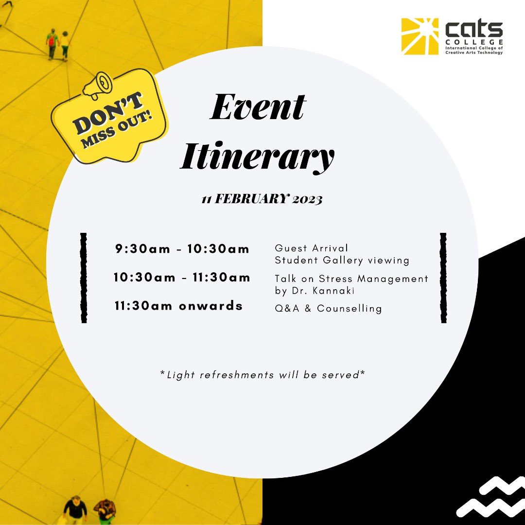 CATScollege's tweet photo. 'You won’t want to miss hearing a talk on Stress Management during the Exam Season. 

It will in regards to identifying the signs and symptoms of stress, how to handle stress and strive in exams especially SPM &amp; Form 4 students.

RSVP : 0126788763 | priyashyne.kumar@cats.edu.my https://t.co/Xzyg9sVfIg