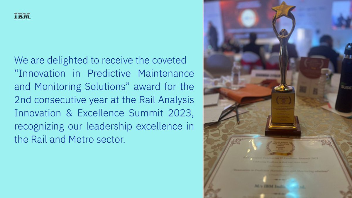 IBM India (@ibm_in) on Twitter photo ✨We’re delighted to win the coveted “Innovation in Predictive Maintenance & Monitoring Solutions” award for the 2nd consecutive year! <a href="/RailAnalysis/">Rail Analysis India</a> Innovation & Excellence Summit ‘23 recognized our excellence in Rail & Metro sector.
Explore IBM Maximo: ibm.co/3RrqUQM ✨We’re delighted to win the coveted “Innovation in Predictive Maintenance & Monitoring Solutions” award for the 2nd consecutive year! <a href="/RailAnalysis/">Rail Analysis India</a> Innovation & Excellence Summit ‘23 recognized our excellence in Rail & Metro sector.
Explore IBM Maximo: ibm.co/3RrqUQM