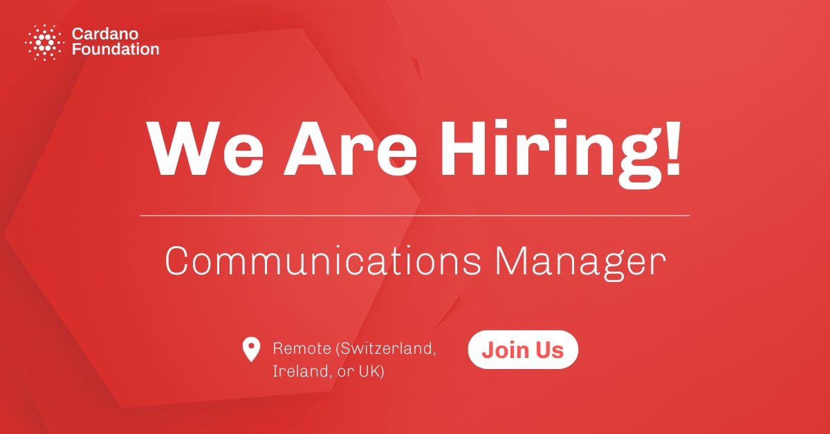 Cardano_CF's tweet photo. We are hiring a Communications Manager
Join the #CardanoFoundation!
📝Apply here: https://t.co/jyLm0WzQPp
#CFTeam #Communications #blockchainjobs https://t.co/cAntB94Ime