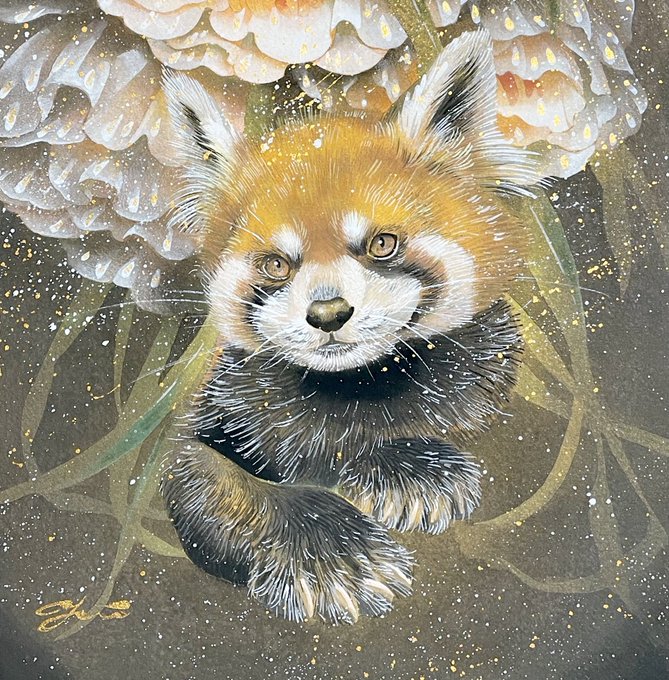 今日もお疲れ様でした初めて作品にレッサーパンダを描きました。画像は部分です。今まで何度か描こうとしたのですが、可愛すぎて躊躇してました… 