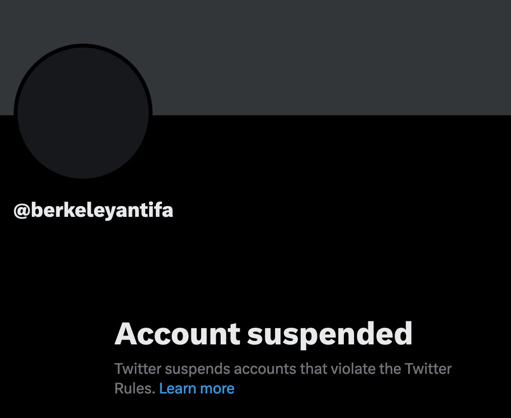 @UnmaskUTR Following another request from Andy, @berkeleyantifa is now suspended. twitter.com/NYCAntifa/stat…