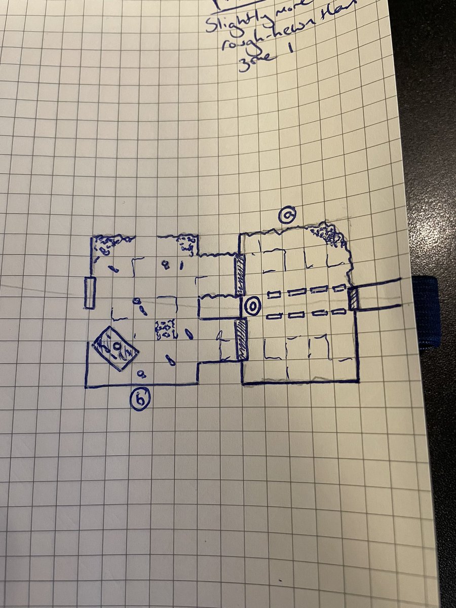 A room scattered with fallen stone and gnawed bones. Scratches and scrapes cover the walls. One of the double doors on the west wall is torn from its hinges. On the north wall is a dark hole that does my look welcoming #dungeon23 <a href="/arcanelibrary/">The Arcane Library</a> #shadowdark