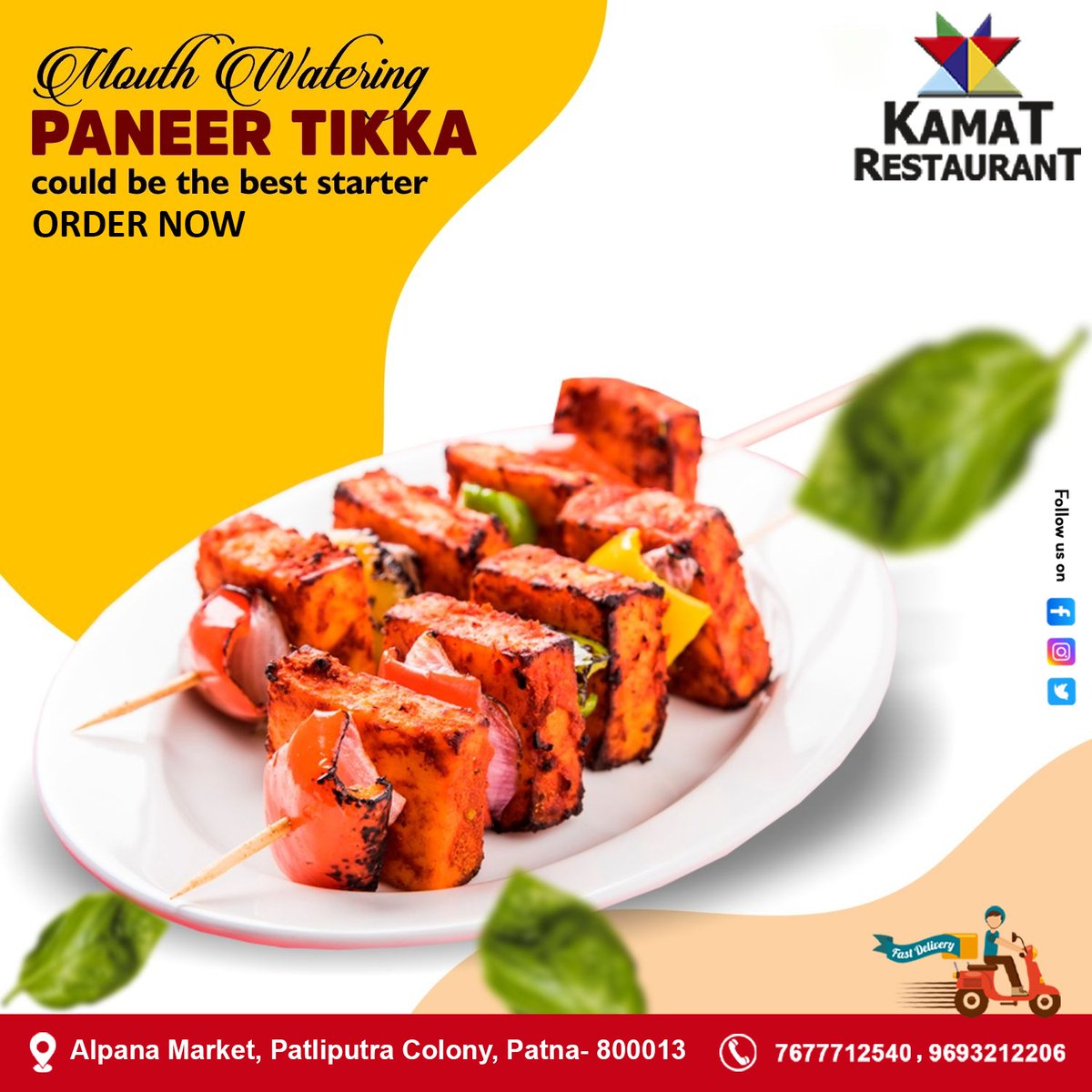 Mouth Watering PANEER TIKKA 
could be the best starter...!
' ORDER NOW ' Please call on :- 𝟎𝟔𝟏𝟐 - 𝟐𝟐𝟔𝟔𝟐𝟎𝟕 +𝟗𝟏 𝟕𝟔𝟕𝟕𝟕𝟏𝟐𝟓𝟒𝟎, +𝟗𝟏 𝟗𝟔𝟗𝟑𝟐𝟏𝟐𝟐𝟎𝟔
#homedelivery #paneertikka #kamatrestaurant #deliciousrecipes #southindian #yummy #Foodie #FoodInTheAir