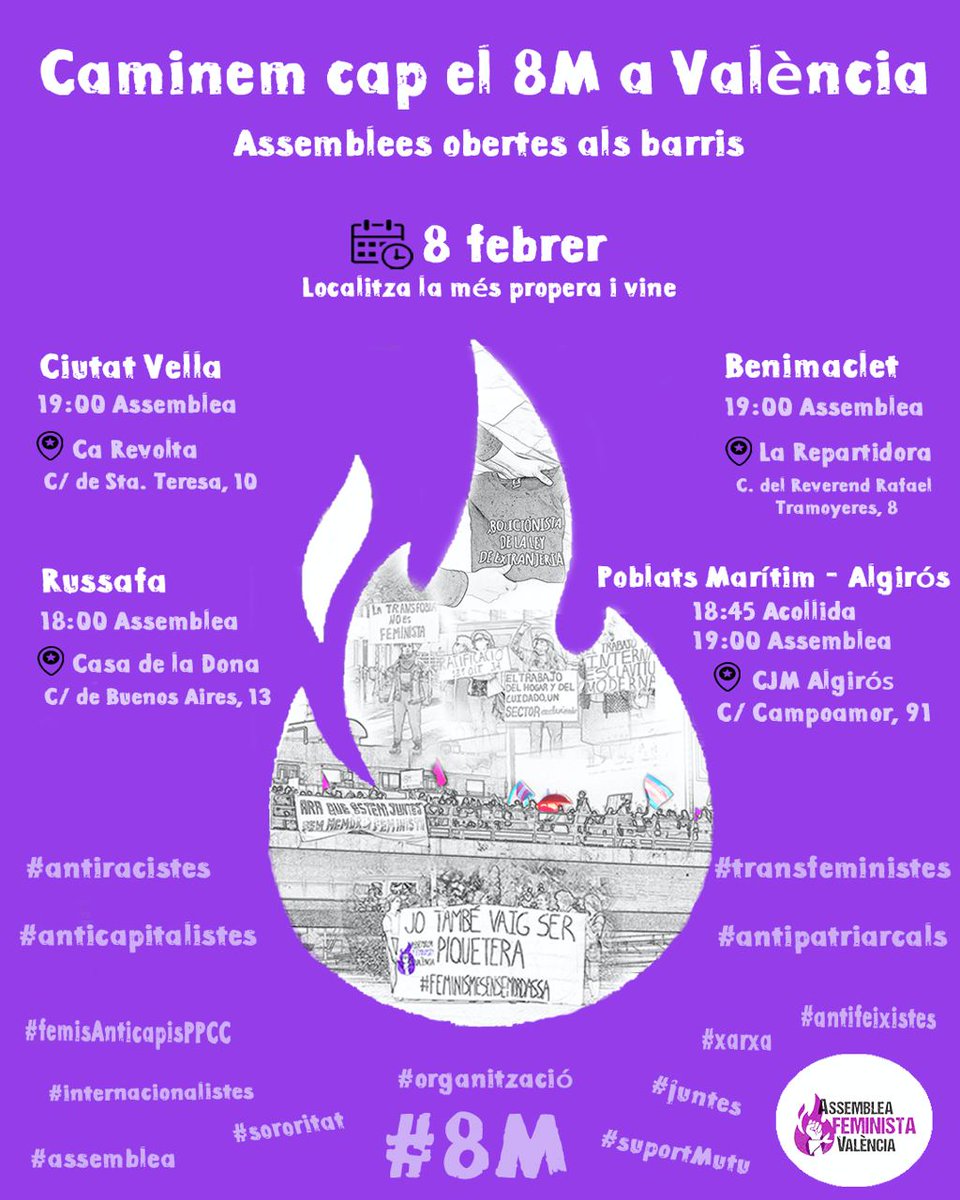 AssembleaVlc's tweet photo. 🟣 S'apropa el #8M2023
➡️ Enguany continuem organitzant-nos per barris! Per un 8M combatiu, anticapitalista, antiracista i transfeminista ✊🏽
📅 Dimecres 8 de FEBRER fem 4 assemblees simultànies a quatre barris de #València. Busca'ns!
#Cabanyal #CiutatVella #Benimaclet #Russafa https://t.co/dTiNBkTh7K
