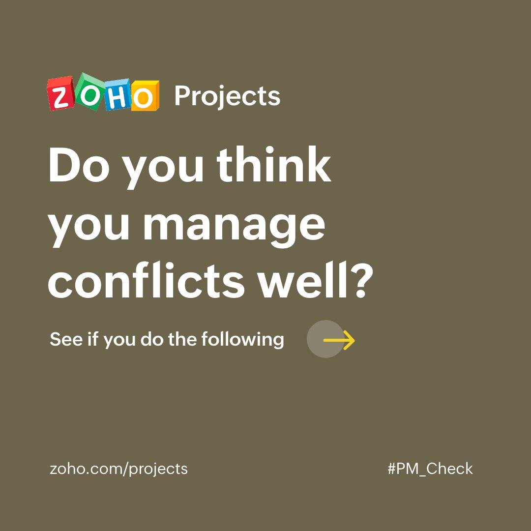 ZohoProjects's tweet photo. 1/n #PM_Check A team's morale and productivity directly depend on the manager's ability to resolve internal conflicts. Check if you're doing it the right way๐
#manager #pm #projectmanagement https://t.co/9QBk0ESaU6