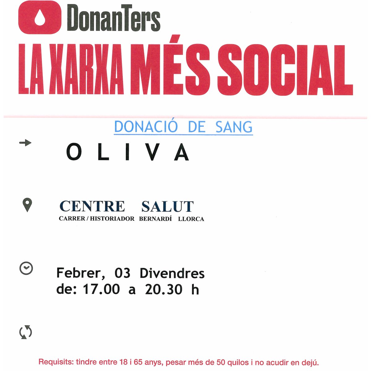 GVAdonasang's tweet photo. Dona Sang a #Oliva
📅divendres  #3febrer 
Per a tractaments oncològics, intervencions quirúrgiques, trasplantaments... 
👉La teua donació de sang és insubstituïble.
#DonaSang #1Donació3Vides https://t.co/bbv7ibhuOU
