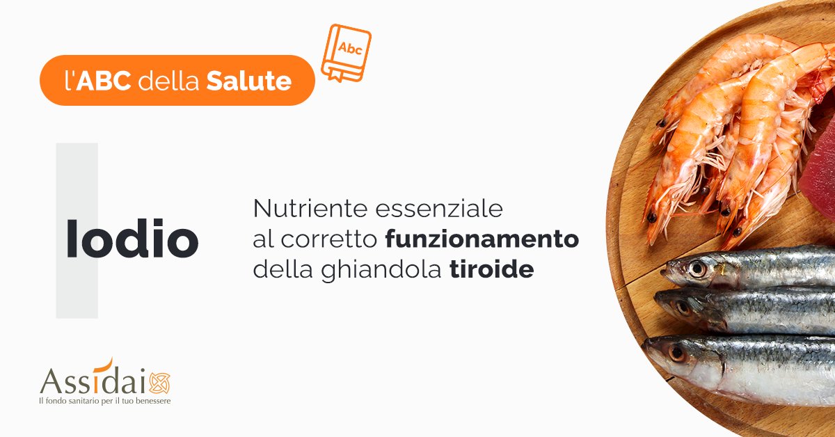 Assidai's tweet photo. Prosegue la nostra rubrica #ABCdellaSalute con la lettera I di #Iodio, #micronutriente essenziale per la #salute e il corretto funzionamento della #tiroide. La fonte principale di iodio per l’#organismo è rappresentata dagli #alimenti, in particolare #pesce di mare e #crostacei. https://t.co/ku83Crxprm