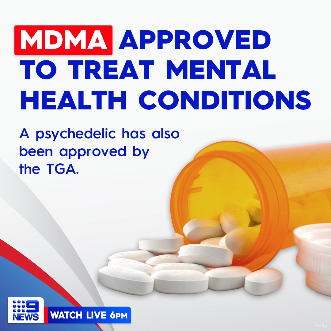 9NewsAUS's tweet photo. The Therapeutic Goods Administration has approved the prescription of MDMA and psilocybin, the active ingredient in magic mushrooms, to treat some mental health conditions.

READ MORE: https://t.co/xQ6qrLEFAa

#9News https://t.co/uoiV0bnXsP