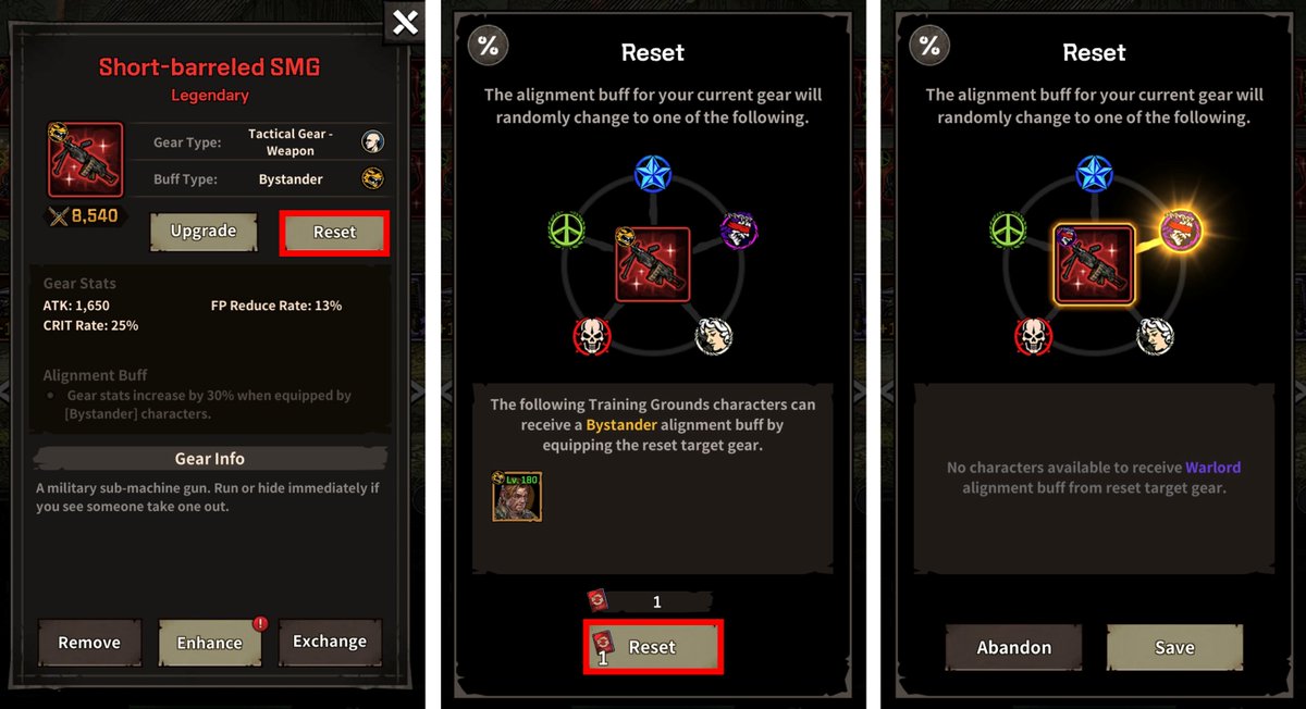 TWDAllStars's tweet photo. Hey, here's our answer!

Select the Legendary Gear that has the Buff Type you want to change.
Touch the [Reset] button below.
Use 1 Gear Alignment Ticket to proceed with the reset.

Save = change to the new alignment
Abandon = return to the previous alignment

#TWD #TWDAS #CMTips https://t.co/y8he8EU2xZ