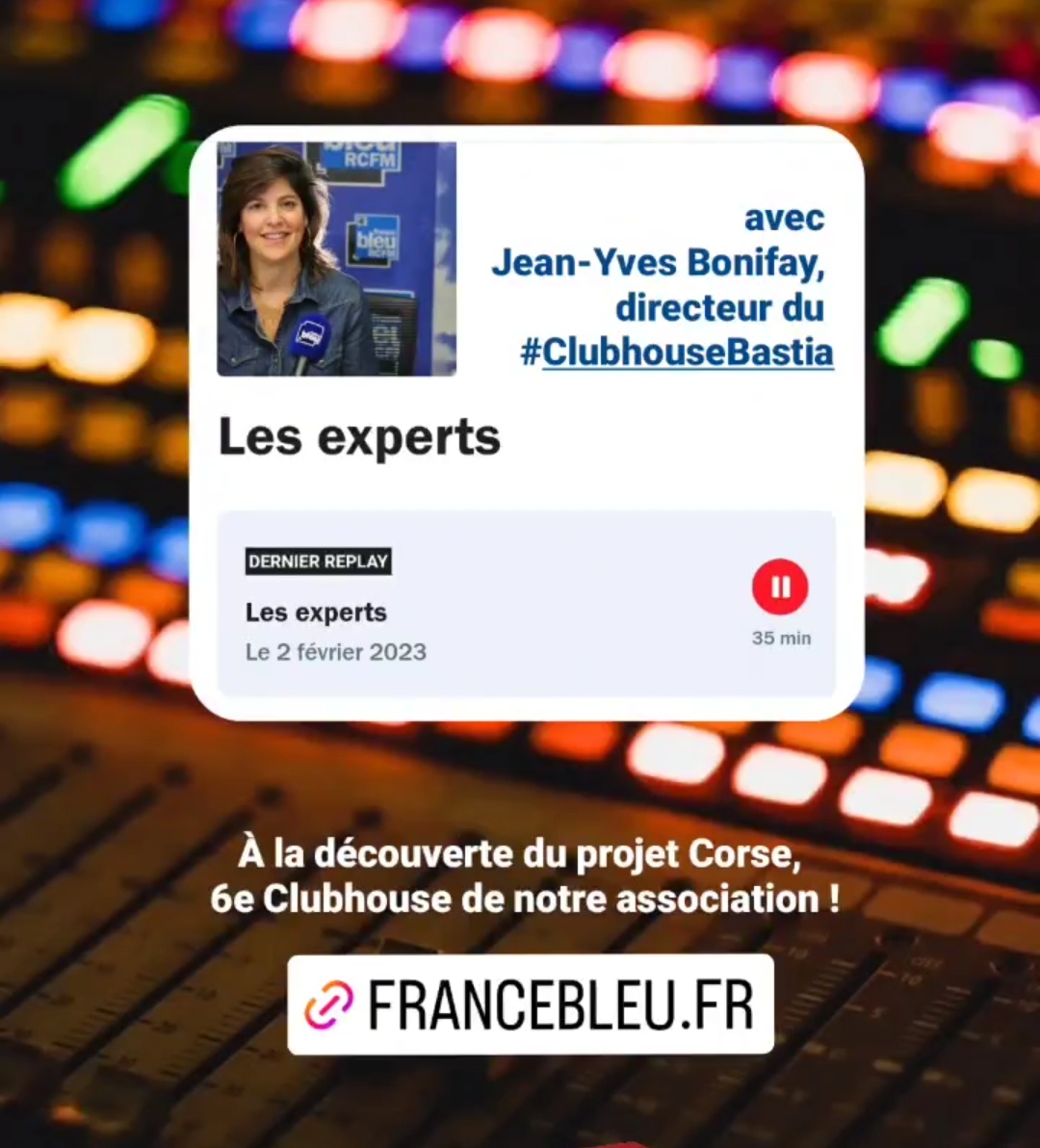 💡 Saviez-vous que le 6e Clubhouse français allait ouvrir en Corse ? 

Retrouvez <a href="/Bonifayjeanyves/">Jean-Yves Bonifay</a>  le directeur du #ClubhouseBastia au micro de Marie Bronzini pour vous raconter notre innovation en #santémentale !

L'émission du 2 février :
📌 francebleu.fr/emissions/les-…