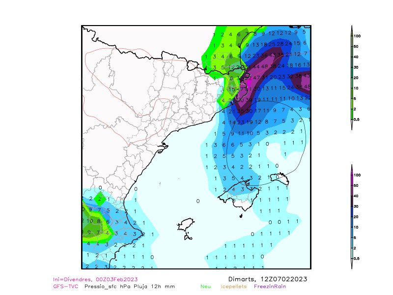 mauri_francesc's tweet photo. Tuit3 aigua i neu pels camps, aqüífers, rius i pantans? En verd  neu i blau lila aigua. FINS DIUMENGE/DILLUNS confirmarem o no. Avís pels frikis (jo també) mapes canviaran segur
1a situació POTSER per fer pessigolles a la sequera. @eltempsTV3 @meteocat @aigua_cat @accioclimatica https://t.co/BIw7qO79tv