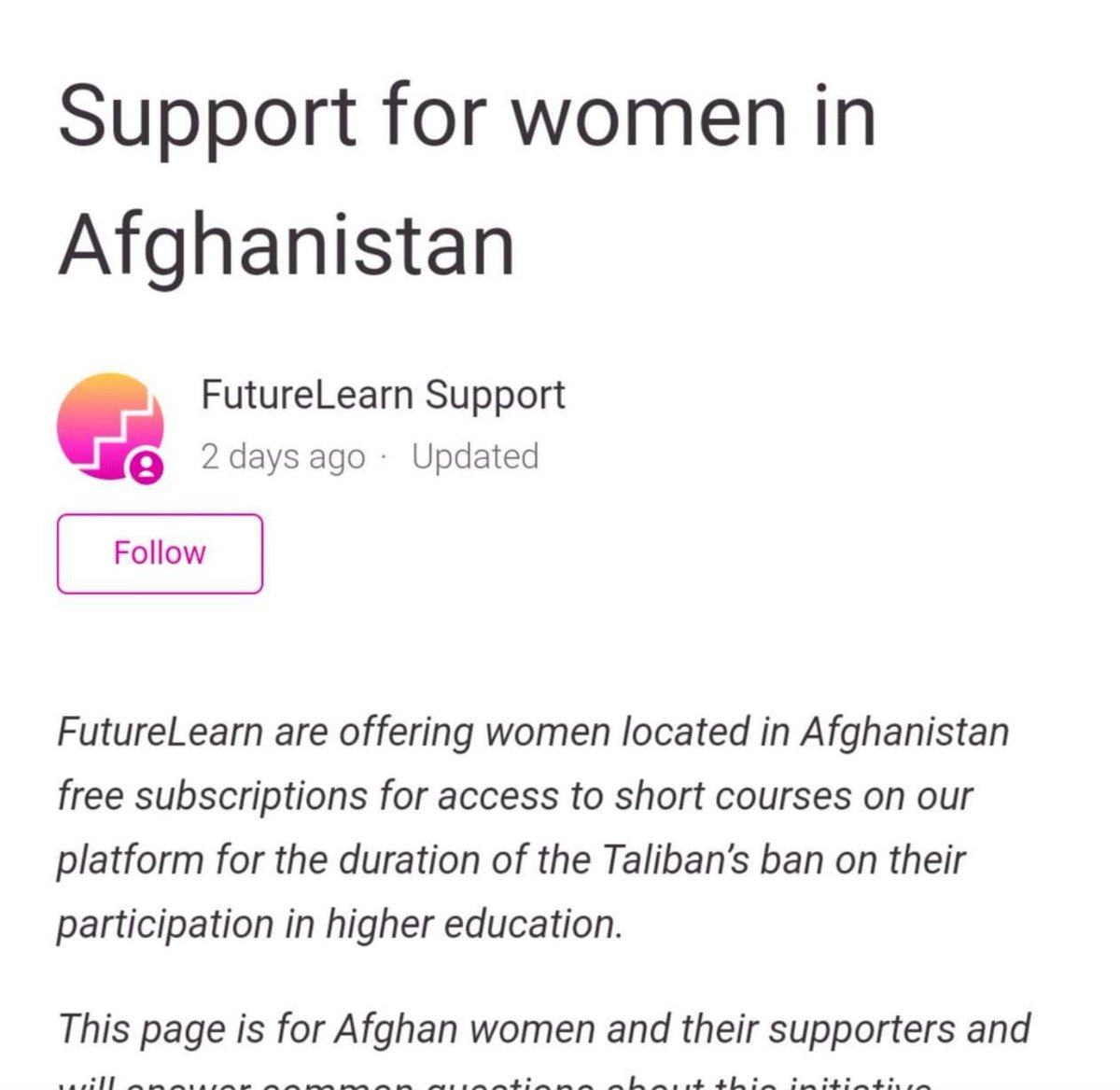maiwand_surya's tweet image. Support for women in Afghanistan, FutureLearn.com has announced free subscription for a year. #FutureLearn is an elite British learning platform with short courses,  expert tracks and degrees from UK&apos;s universities.

#Retweet!