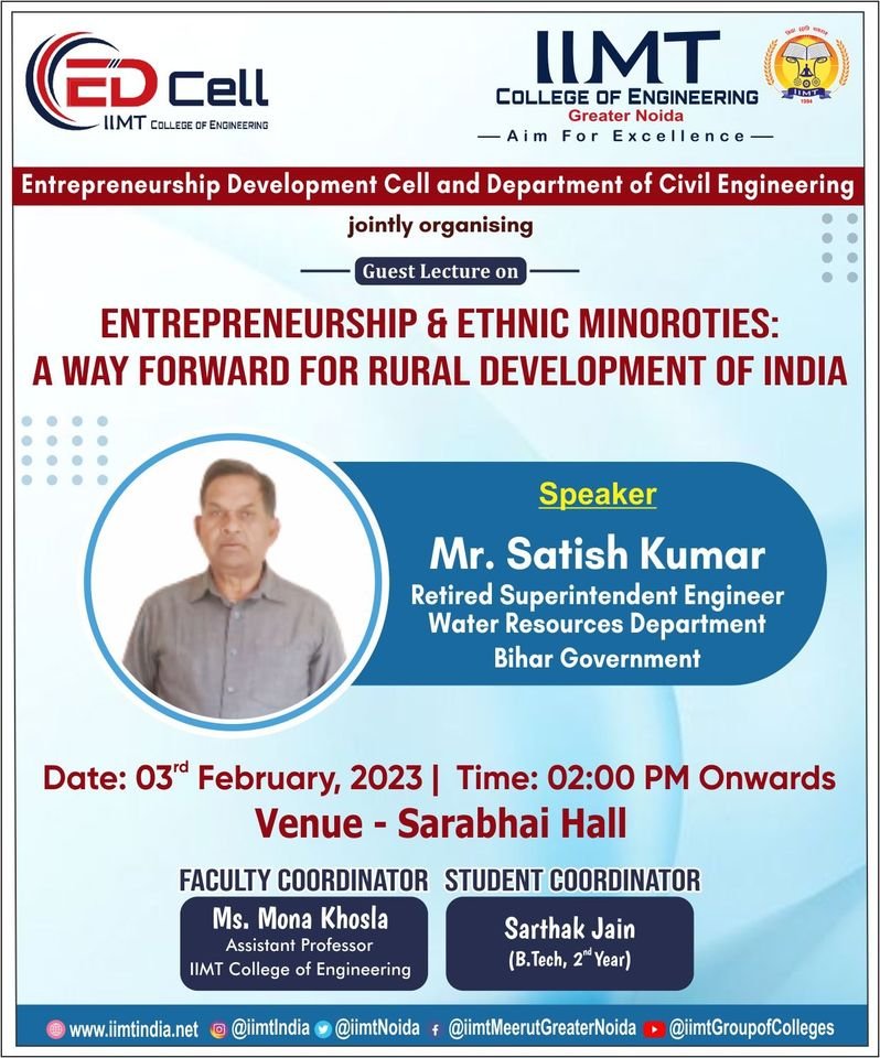 iimtnoida's tweet image. Entrepreneurship Development Cell and Department of Civil Engineering, jointly organizing a Guest Lecture on "ENTREPRENEURSHIP &amp;amp; ETHNIC MINOROTIES: A WAY FORWARD FOR RURAL DEVELOPMENT OF INDIA".
iimtindia.net
Call Us: 9520886860 
#EDCell #IIC    #IIMTNoida   #IIMTIndia