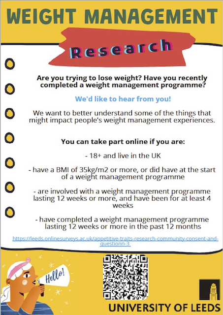 I'm currently doing some #research into #appetitivetraits and #weightmanagement. Are you interested in taking part?

leeds.onlinesurveys.ac.uk/appetitive-tra… 

#LivingWithObesity #obesity #obesityawareness #helpothers #helpotherssucceed