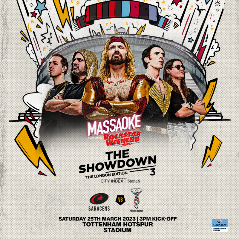 premrugby's tweet photo. 30,000 tickets sold so far for The Showdown 3️⃣

An unmissable event featuring Massaoke and an electric #GallagherPrem clash between @Saracens and @Harlequins 🤜💥🤛

Grab your tickets now for the best deal ⬇️