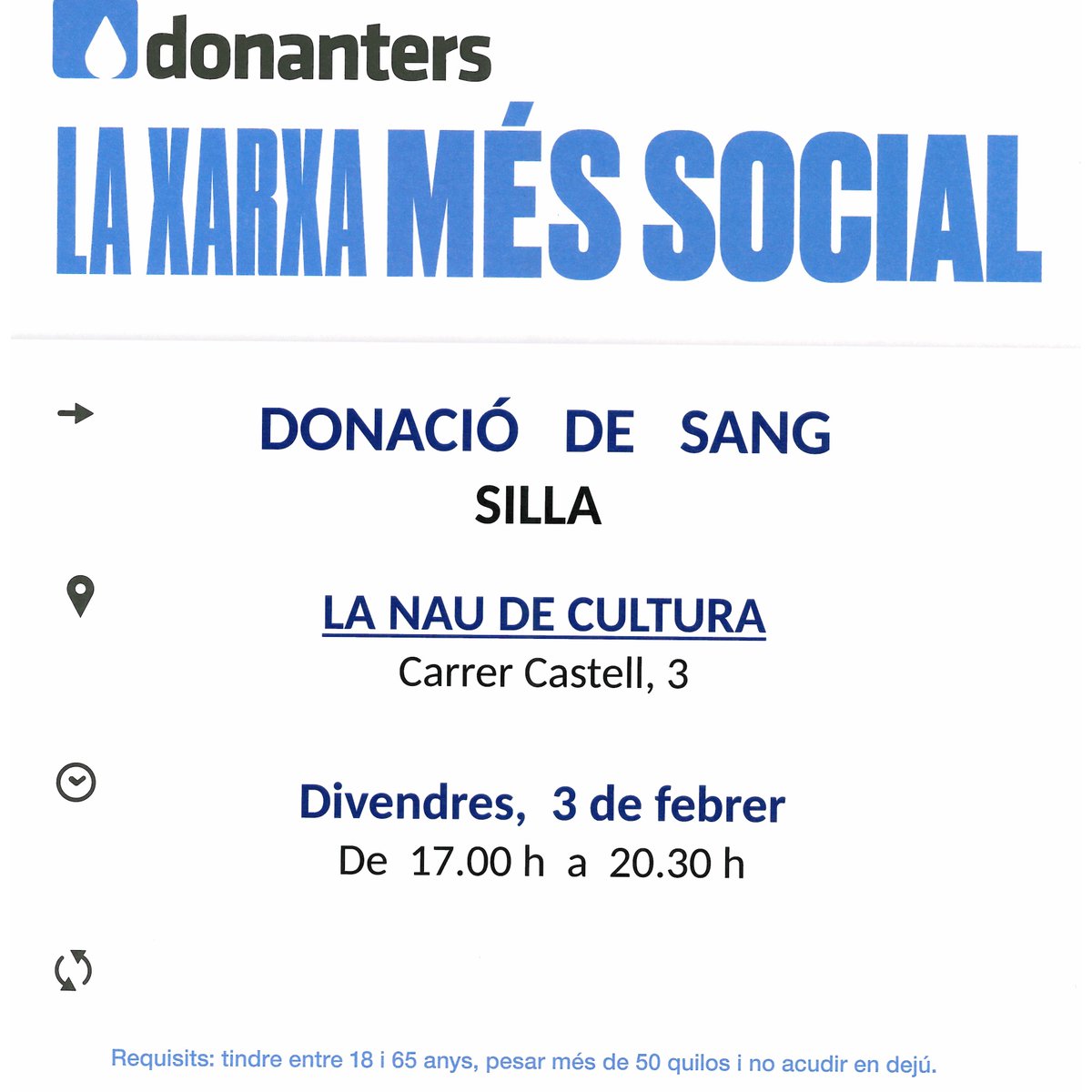 GVAdonasang's tweet photo. Dona Sang a #Silla
📅divendres  #3febrer 
Per a tractaments oncològics, intervencions quirúrgiques, trasplantaments... 
👉La teua donació de sang és insubstituïble.
#DonaSang #1Donació3Vides https://t.co/YLbvHTysKF