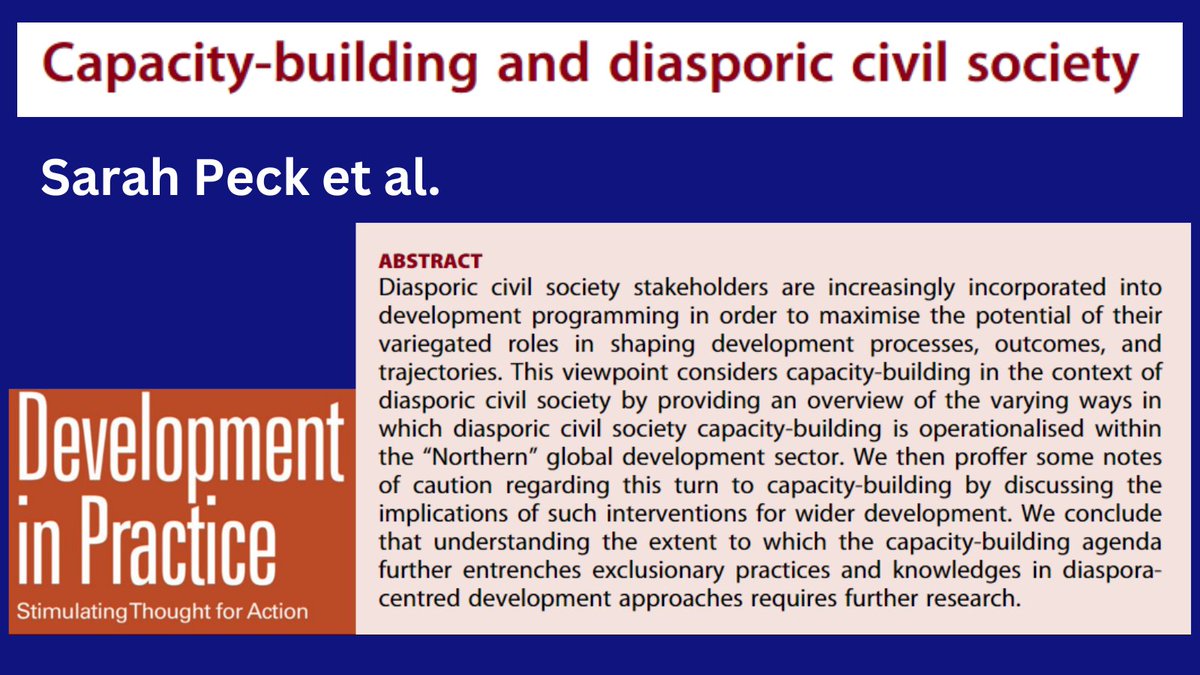 How do Northern development agencies engage with diasporic communities? @s_g_peck et al. (@Leverhulme, @NUIntDev, @jenlove23, @UoSGeogEnv, @TigistGrieve, @BristolUni, @GSoEBristol) consider 'Capacity-building and diasporic civil society' doi.org/10.1080/096145…