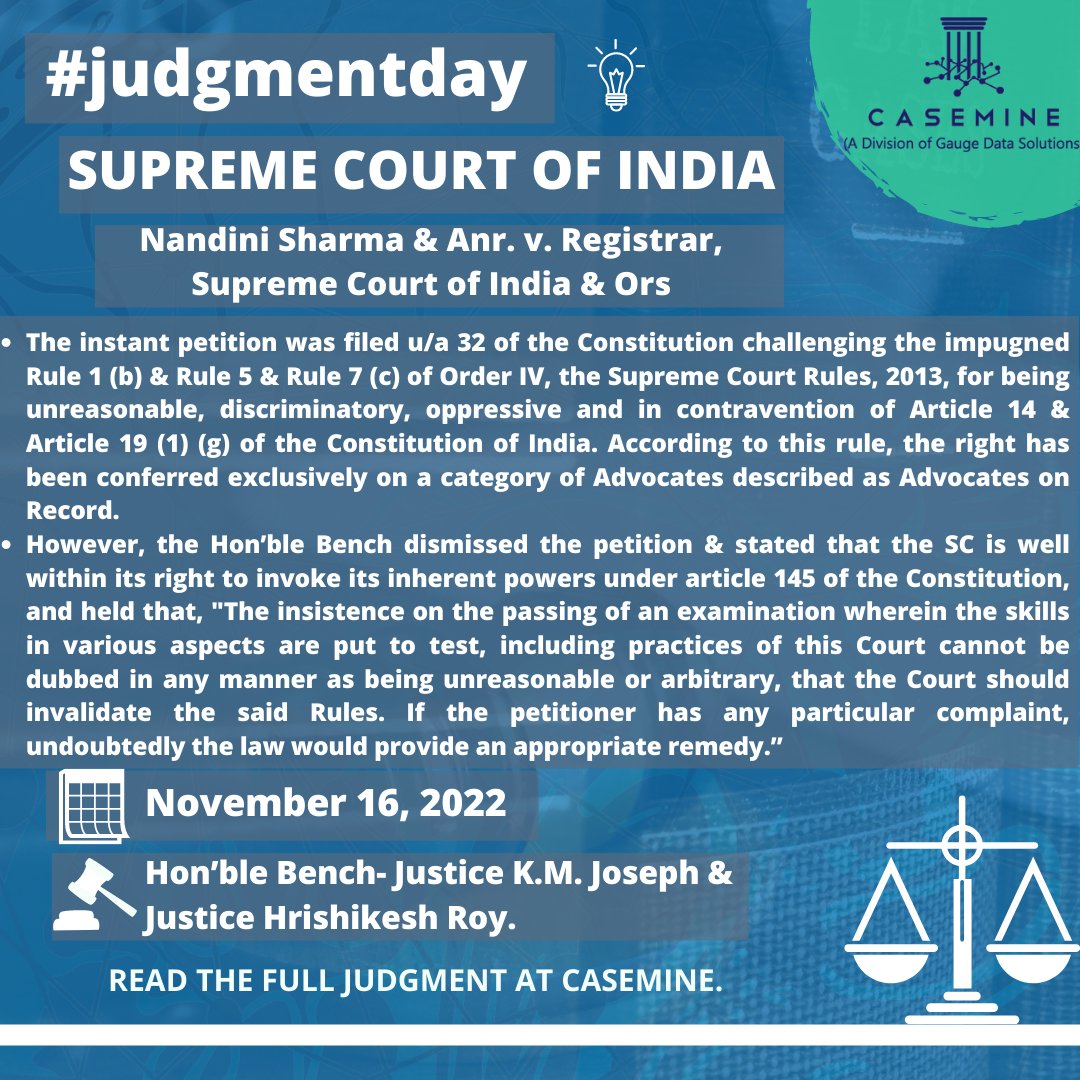 caseminelaw's tweet photo. The judgement for the week is " Nandini Sharma & Anr. v. Registrar, Supreme Court of India & Ors."
You can view this judgement on CaseMine.
https://t.co/Y2Rxzu1dHq
#lawyers #lawyer #caseminelaw #casemine #supremecourt #courts #law #legaltech #legalresearch #research #indianlaw https://t.co/K0MYecZPMa