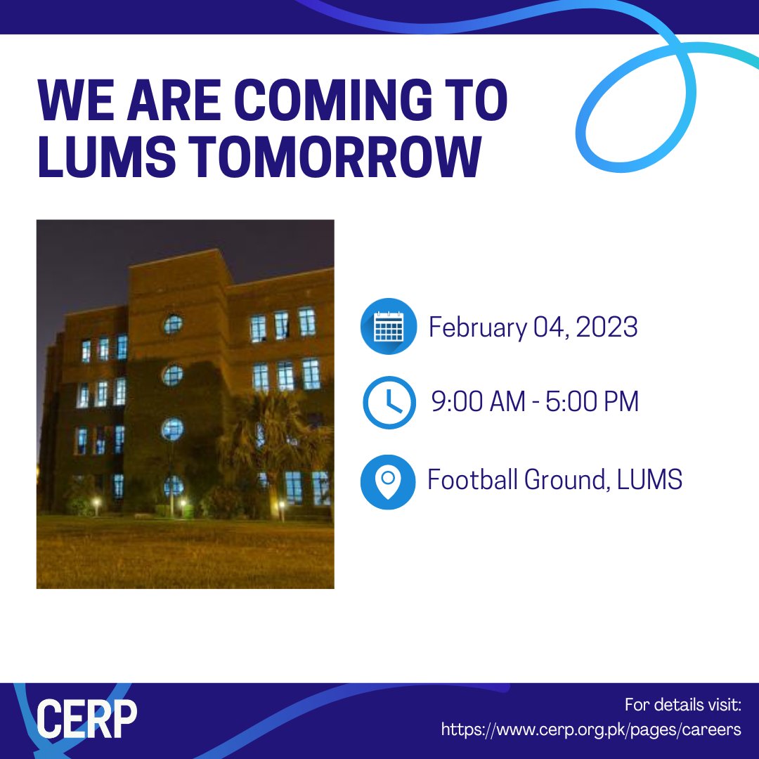CERPakistan's tweet photo. #Savethedate
We are coming to LUMS Career Fair tomorrow.
Discover our work and different job opportunities at CERP by meeting with us.
#CERPCareers #LifeAtCERP #jobs #careerfairs #inclusiveworkspace #career #team https://t.co/8LBzzlKMqs