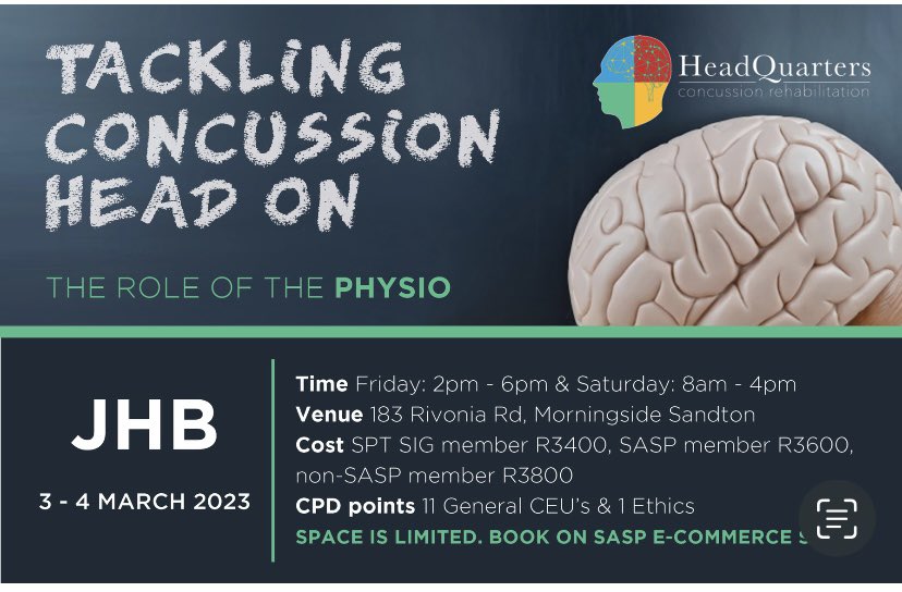 The concussion course is back! Come join me in Joburg 3-4 March #concussion #VOMS #whiplash #rehab 
This course is being administered by Sport SIG please register on SASP e-commerce link