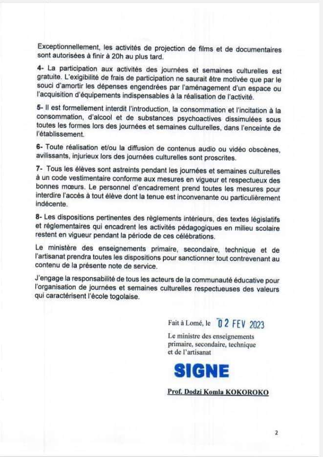 dodzikokoroko's tweet photo. En attendant les conclusions de la commission ad'hoc mis en place pour proposer document-cadre, la note de service ci-desous établit les nvelles mesures devant régir les journées &amp; semaines culturelles dans les établissements scolaires publics &amp; privés du Togo. @GouvTg @mepsta_tg https://t.co/nc9HDKzJMU