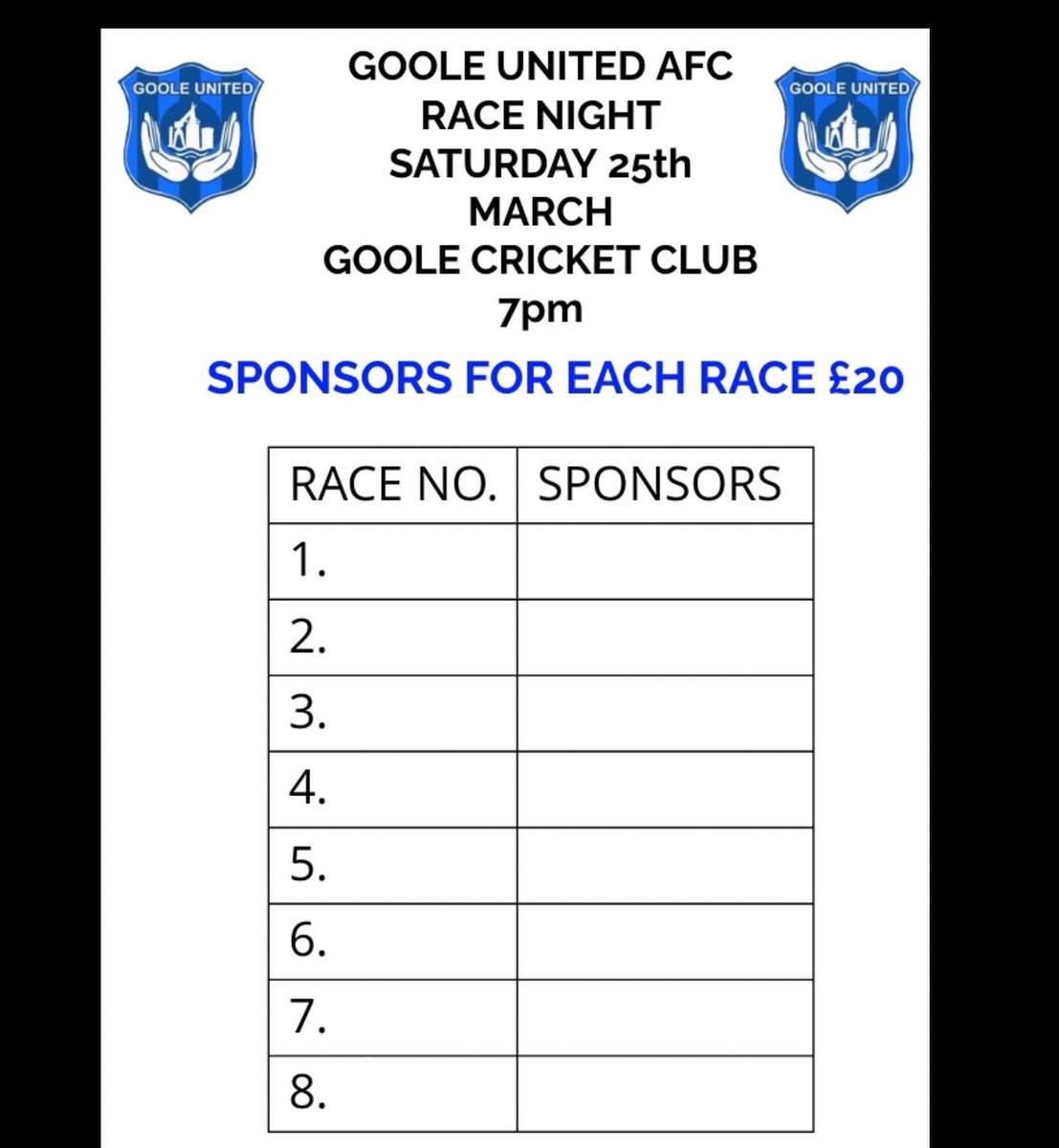 GooleUtdSundays's tweet photo. FUNDRAISER EVENT!!

SATURDAY 25th MARCH 7PM

Cricket Club

Please get in touch if you would like to sponsor a race or buy the jockey, trainer or horse. Also, if you would like to donate a prize we would be grateful. 

£20 to sponsor a race. 

£4 Jockey

£4 Trainer
 
£4 Horse https://t.co/w3M3GtRo5r