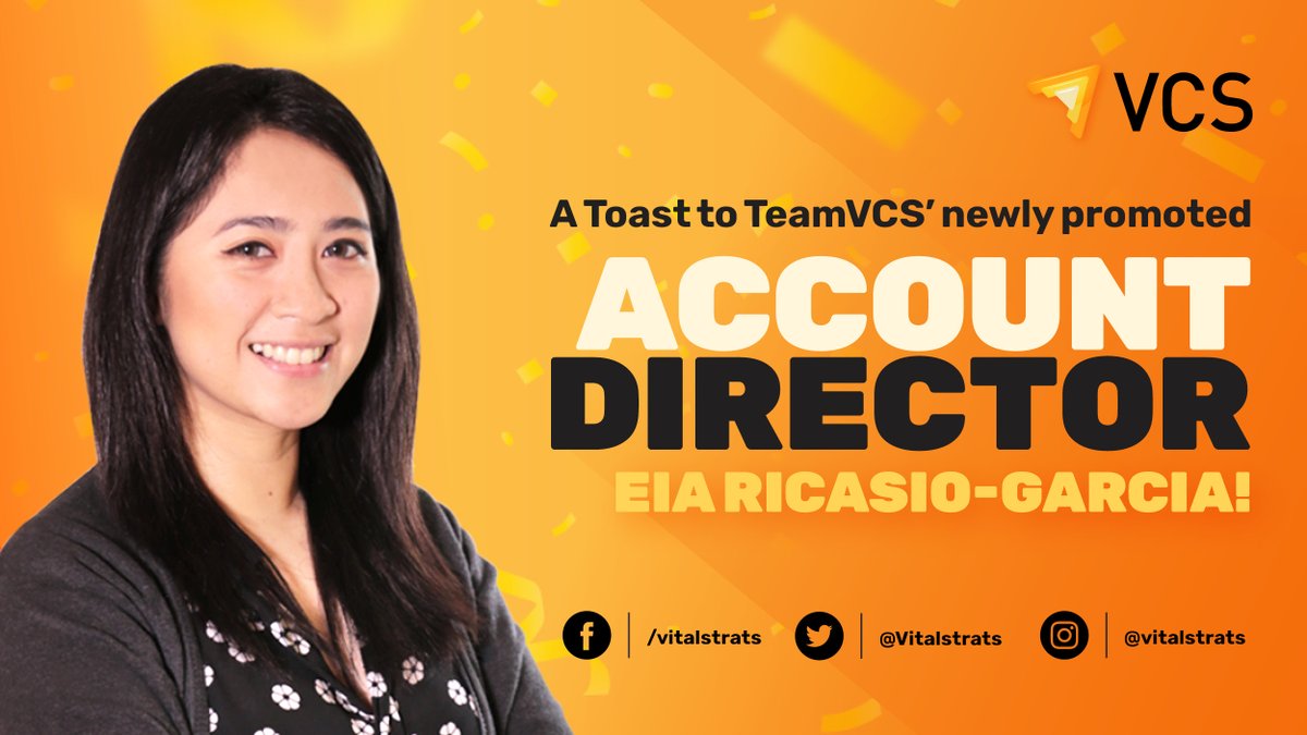 Vitalstrats's tweet photo. #TeamVCS celebrates our newly promoted Account Director, @eiaricasio!

Since 2017, Eia has been valued by the team and clients for her charm and excellence! Thank you for the years of dedication and congratulations on your well-deserved promotion, Eia! 

#creativeagency https://t.co/1jZq8KpyPC