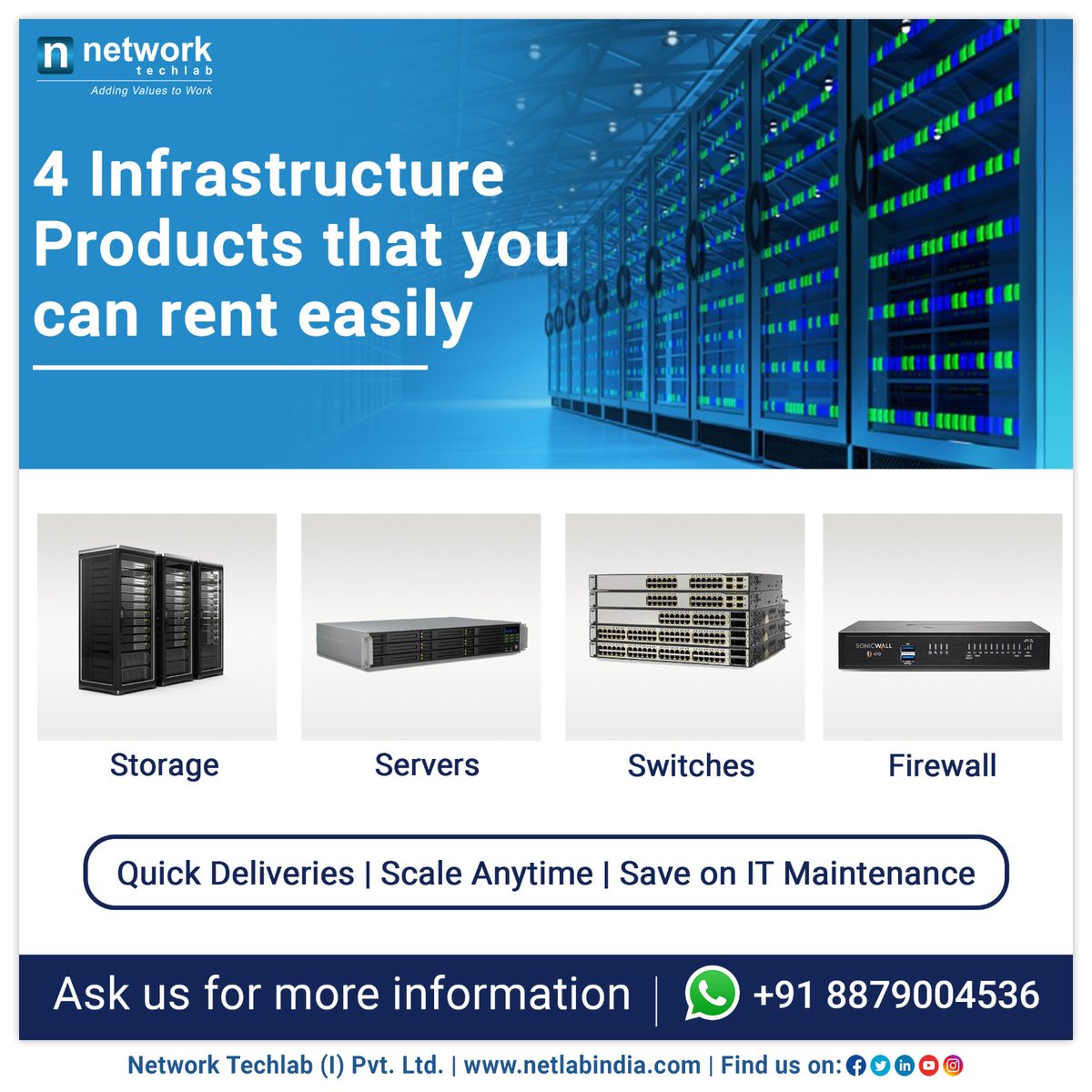 TechlabNetwork's tweet image. Don’t have time to wait in the fast-moving world?
Here are options for renting IT infra that support quick delivery and easy installation. 

#ntipl #itinfrastructure #itinfrastructuremanagement #rentalequipment #itinfraonrent 
#networkingswitches #serveronrent