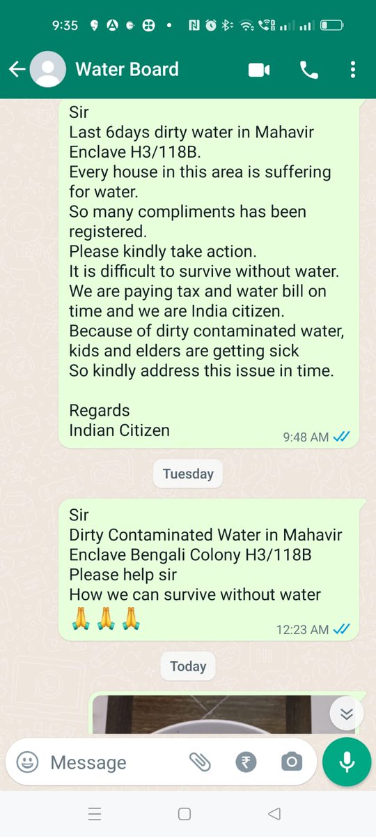 BiswasDeepAyon's tweet photo. See how the people of Delhi is surviving without water. Last 10 days dirty contaminated water in H3 Mahavir Enclave, Bengali Colony, New Delhi -110045. So many complaints, but no one to listen. @ArvindKejriwal @DelhiJalBoard https://t.co/ct7WNa0LbK