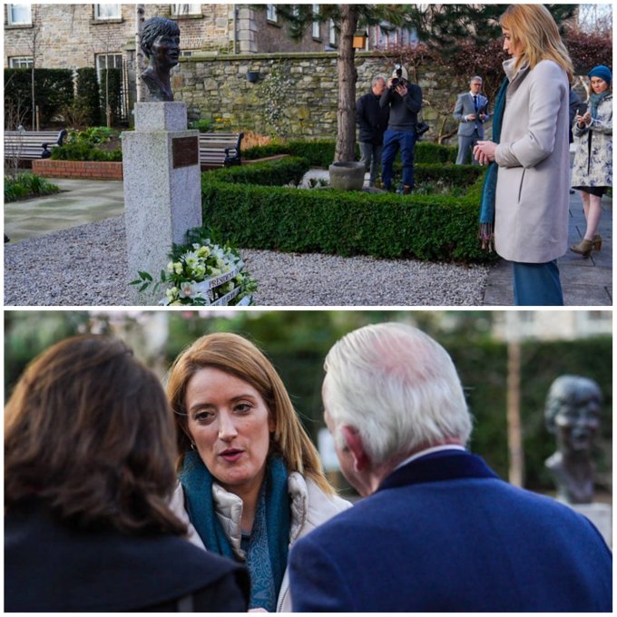 Above: The President of the European Parliament Roberta Metsola laying a wreath at the memorial of journalist Veronica Guerin, at the Dubh Linn Garden in Dublin Castle. Below: The President of the European Parliament Roberta Metsola meeting family members of Veronica Guerin.