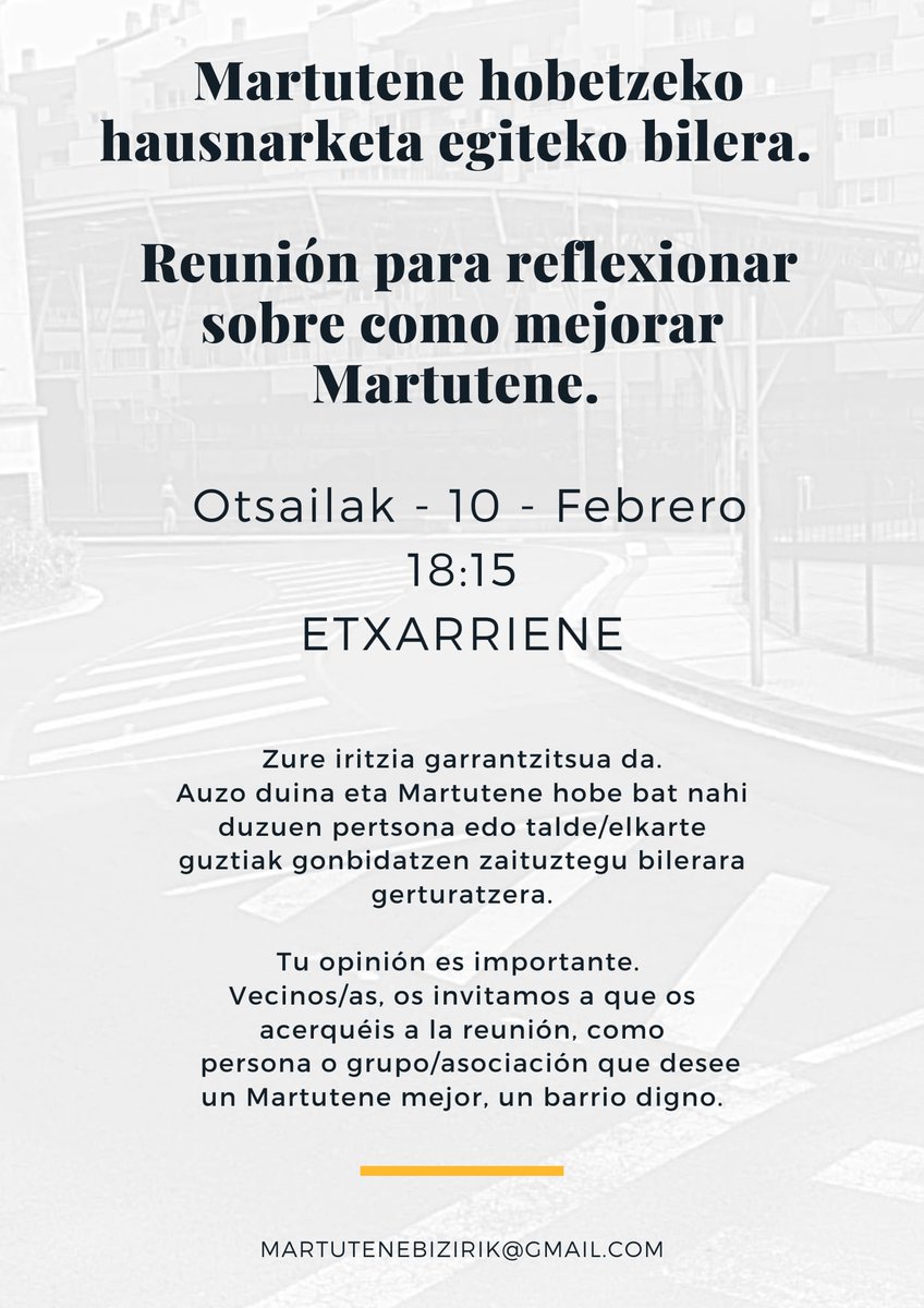 MartuBizirik's tweet photo. Martutene Bizirik plataformatik auzoko hurrengo bilerara gonbidatzen zaituztegu.

Desde Martutene Bizirik os invitamos a la próxima reunión del barrio.

#MartuteneBizirik #Martutene 
#martutenebizirik #Donostia https://t.co/C4IZAtX22r