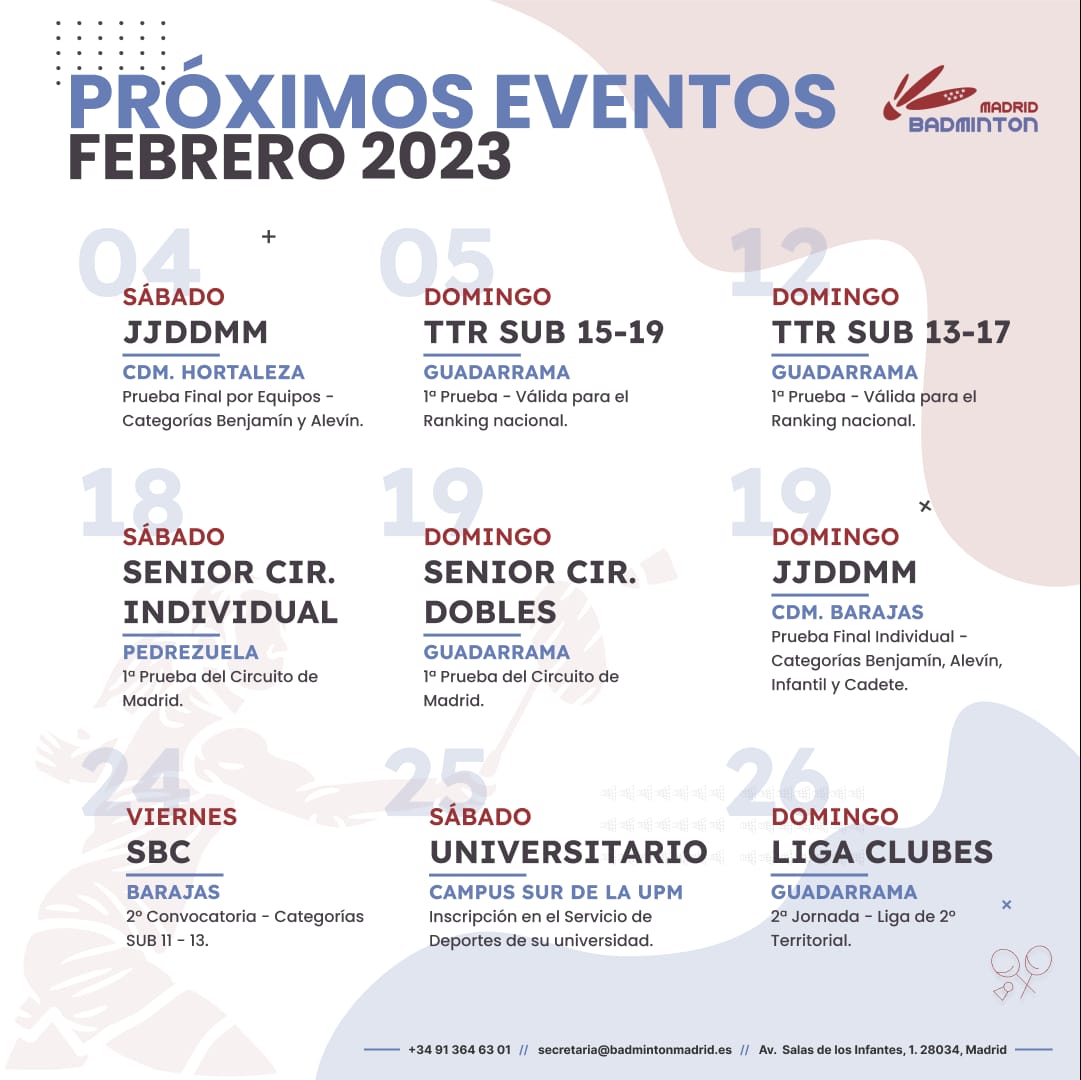 ➡️ Estrenamos nueva sección con el #CalendarioMensual de actividades.

⚡Juegos Deportivos Municipales #JJDDMM

💣 TTRs

💥 Circuito Senior

🏸 SBC #SeBuscaCampeon

🎓 Cto. Universitario #UPM
 
🔥 Liga de Clubes #LigaTerritorial

👉 No te lo pierdas‼️

#BadmintonMadrid