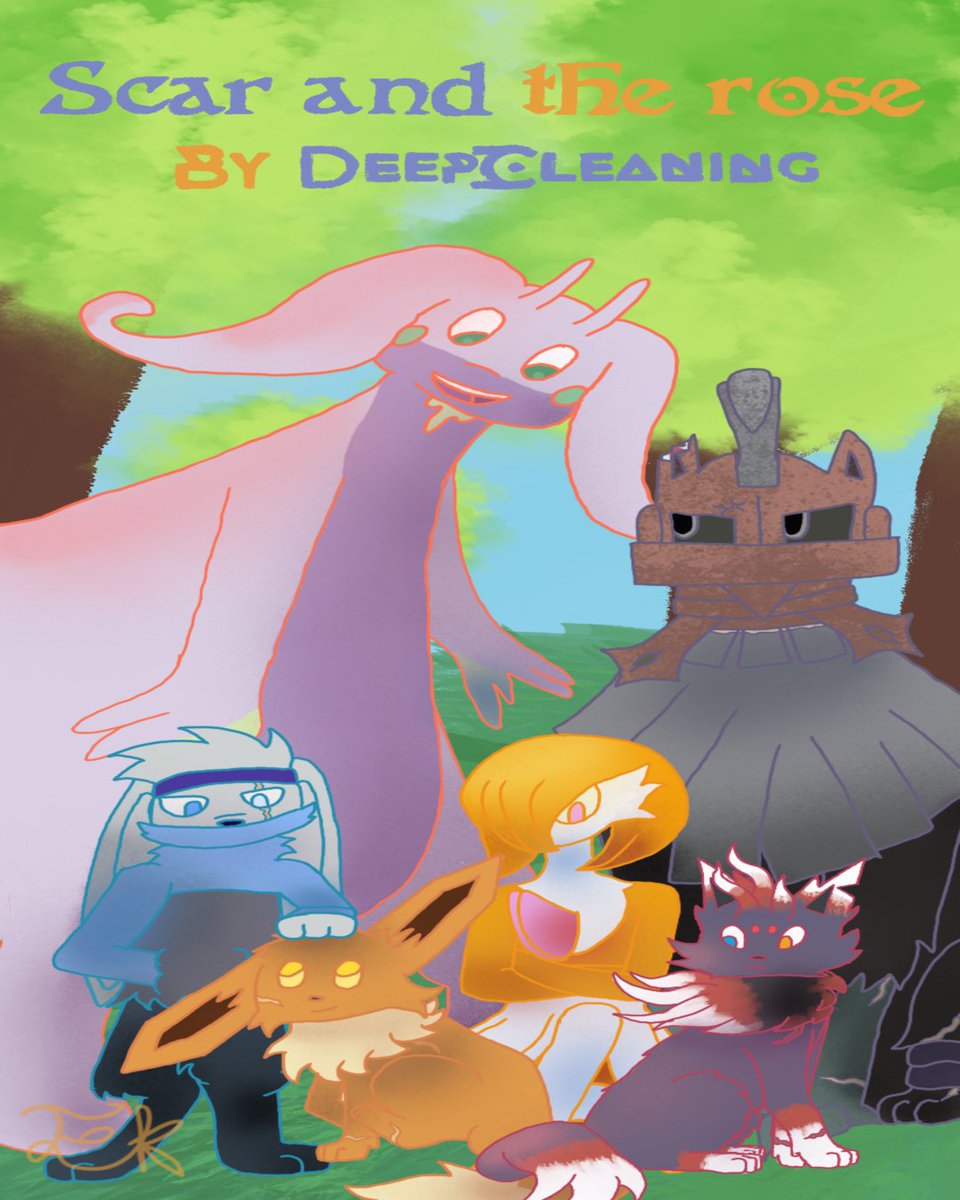 EalienK's tweet photo. I did another commission for my friend but this time a cover for the book he's writing. (I had to squash the image because Insta wouldn't allow the original size)

#artistontwitter #art #illustration #commission #Pokemon #raboot #eevee #goodra #typeNull #Gardevoir #zorua https://t.co/XhLM07i5mP