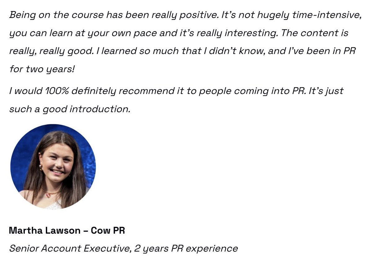SAE <a href="/MarthaLawson12/">Martha Lawson</a>: "I'd 100% recommend it".

If you're in the 1st few years of your PR career, or manage ambitious people who are, our course has been created for YOU.

Sign-up for our drop-in Q&amp;A next Thurs, or download a free copy of our brochure:

👉 eepurl.com/h_AxAX